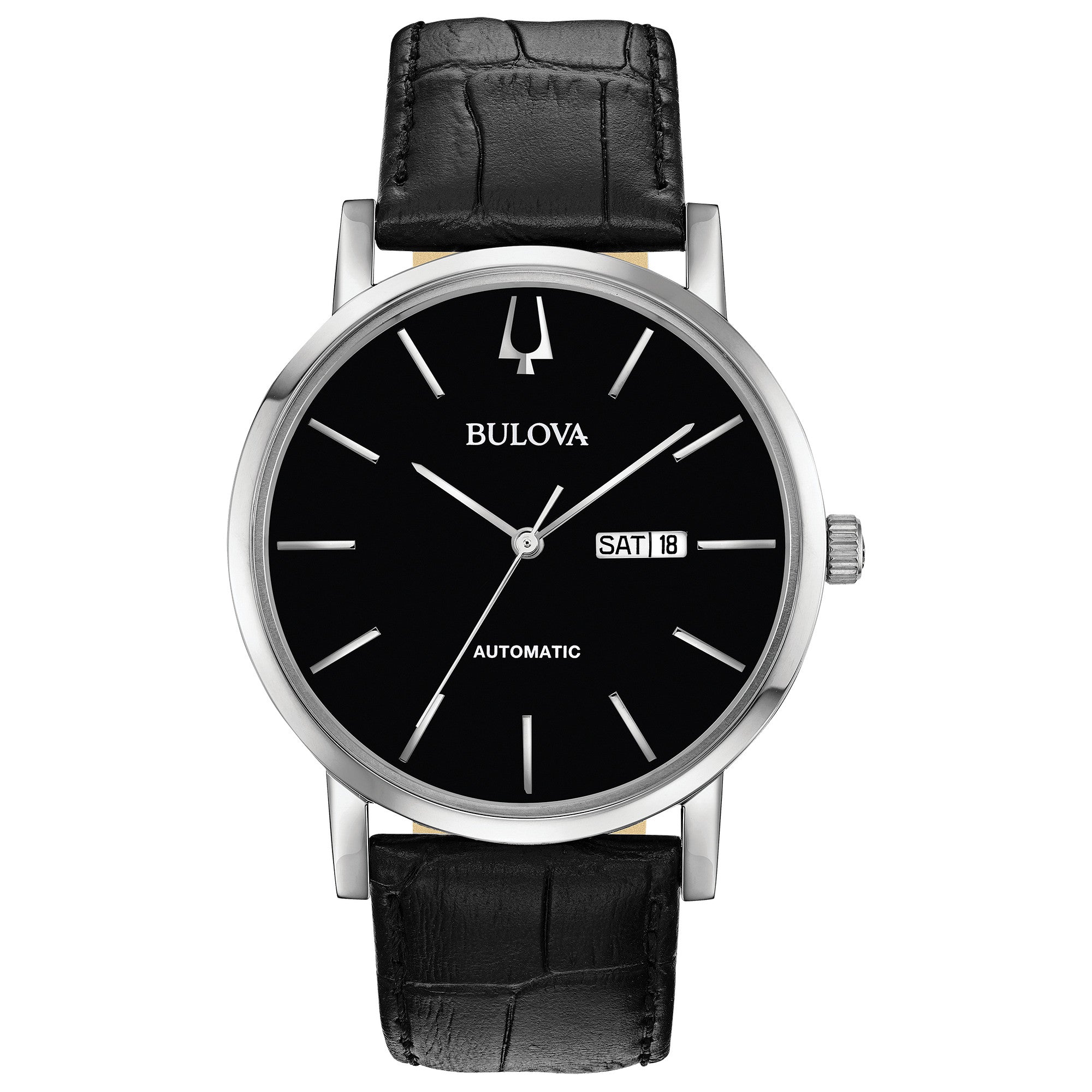 Bulova American Clipper 96C131 watch, black dial, front view