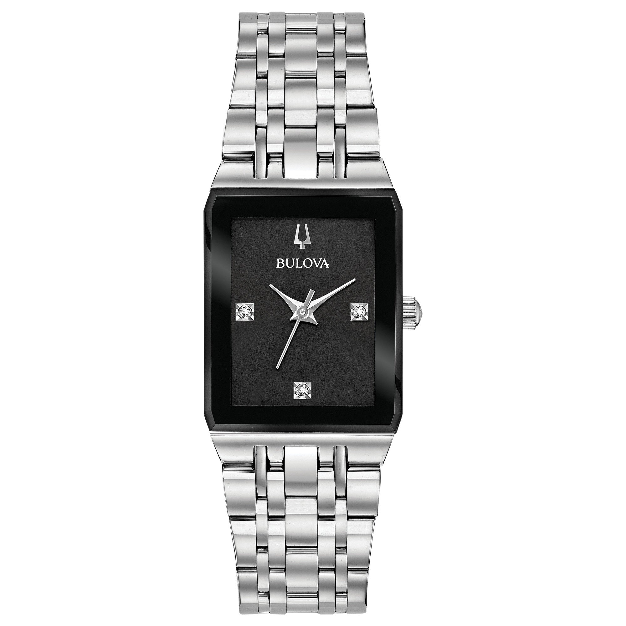 Bulova Quadra 96P202 watch, black dial, front view