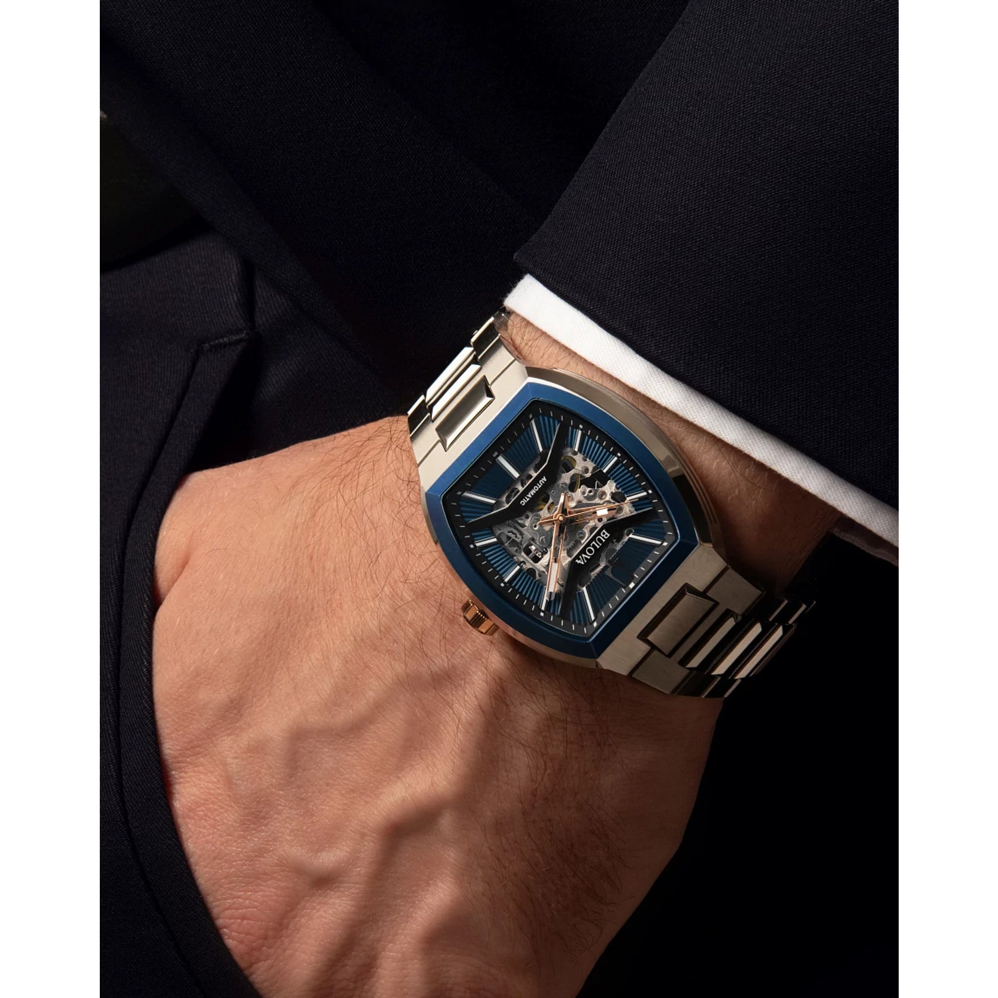 Bulova Maquina 98A319 watch, blue dial, lifestyle
