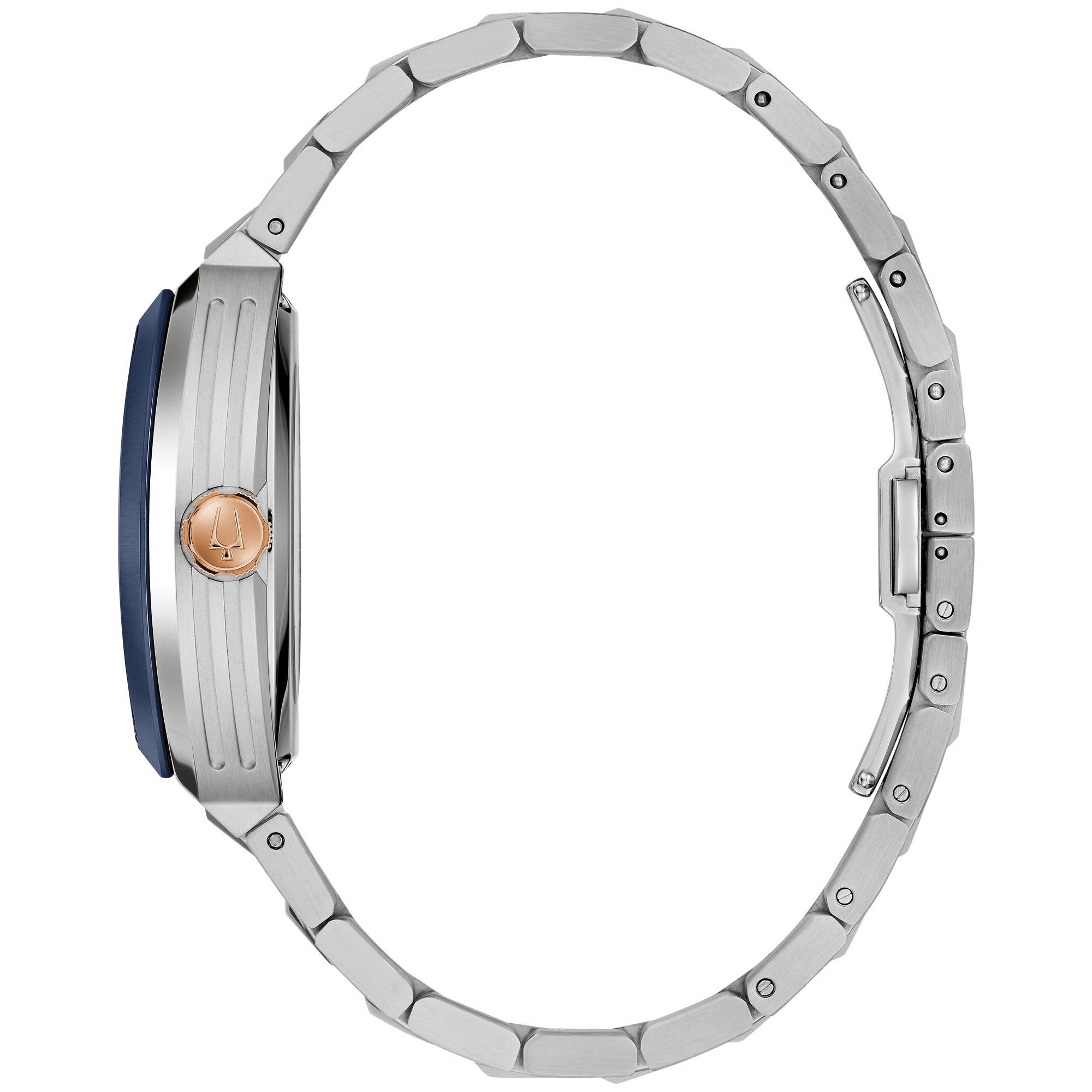 Bulova Maquina 98A319 watch, blue dial, side profile