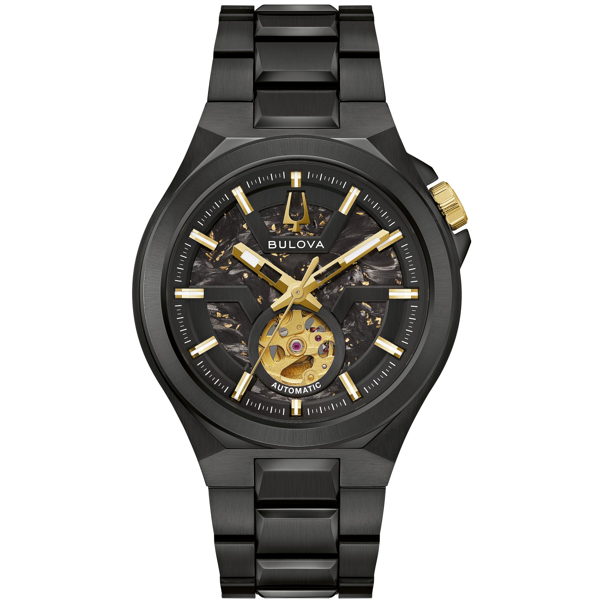 Montre Bulova Maquina 98A340, cadran noir, vue de face