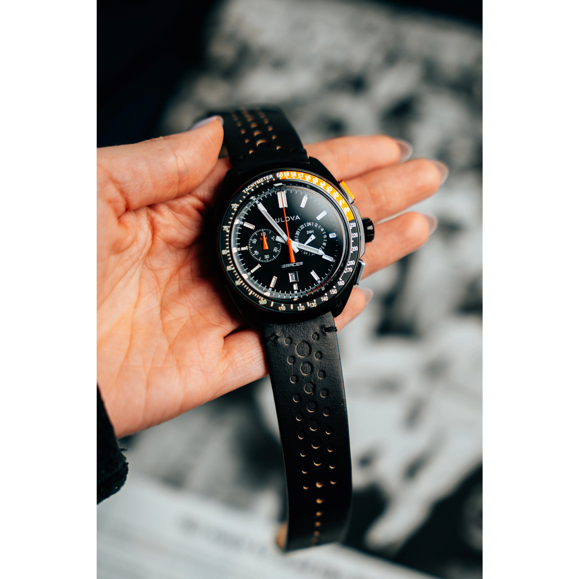 Bulova Racer 98B428 watch, black dial, lifestyle