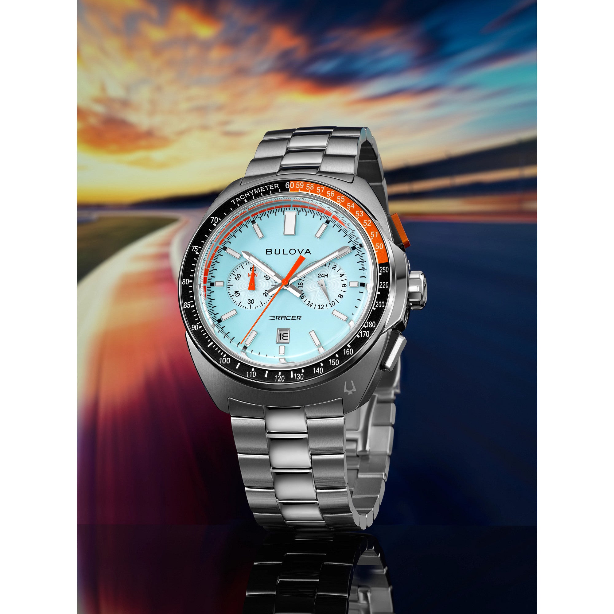 Bulova Racer 98B432 watch, blue dial, lifestyle