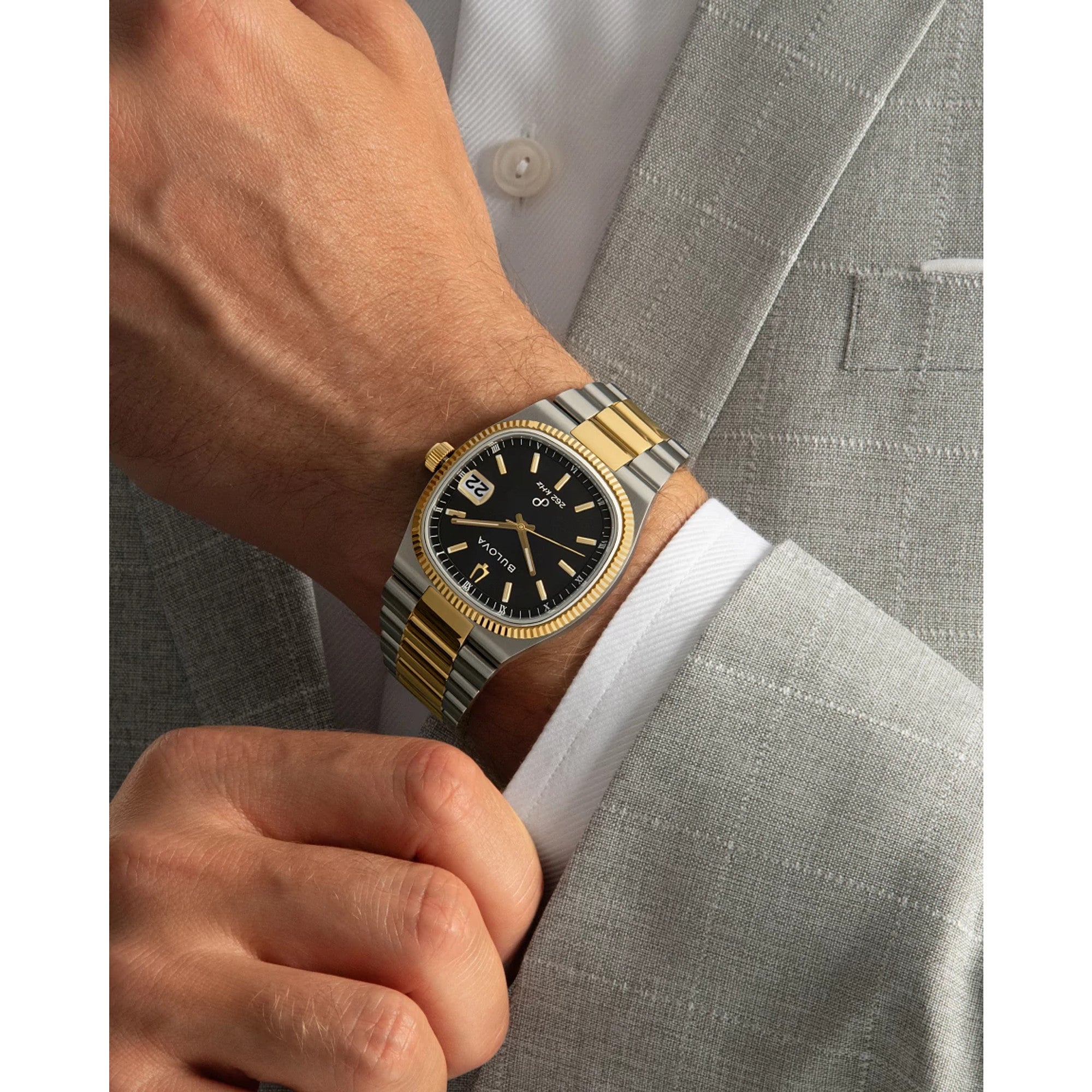 Bulova Super Seville 98B458 watch, black dial, lifestyle