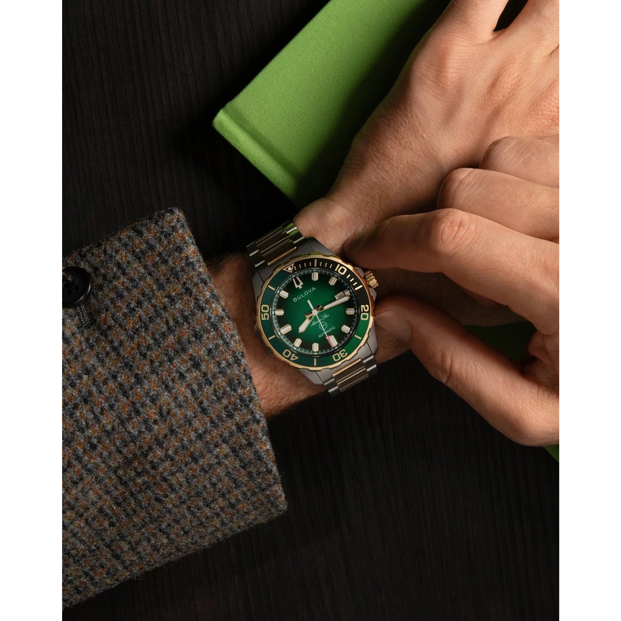 Bulova Marine Star Series B 98B467 watch, green dial, lifestyle