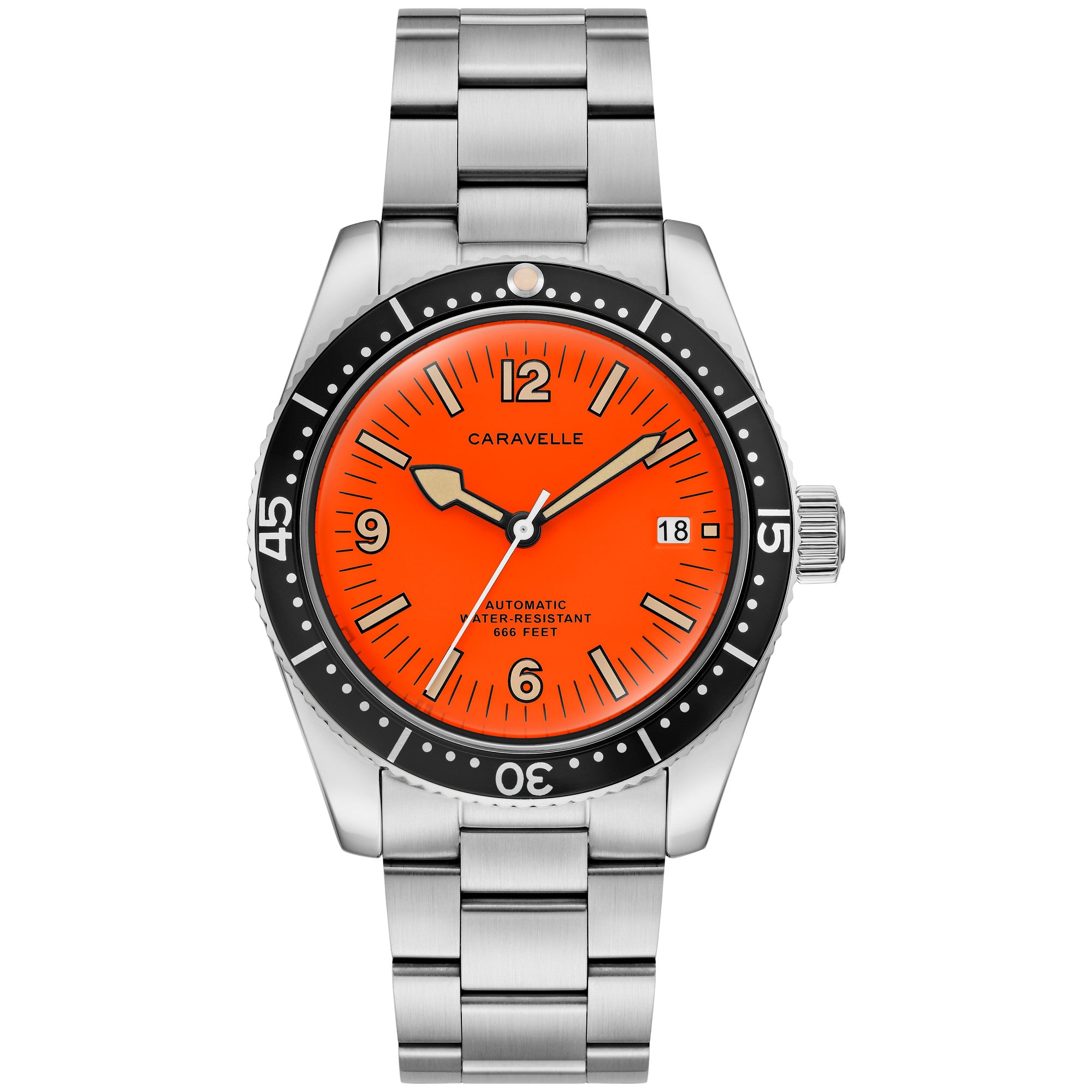 Montre Caravelle Sea Hunter 43B177, cadran orange, vue de face