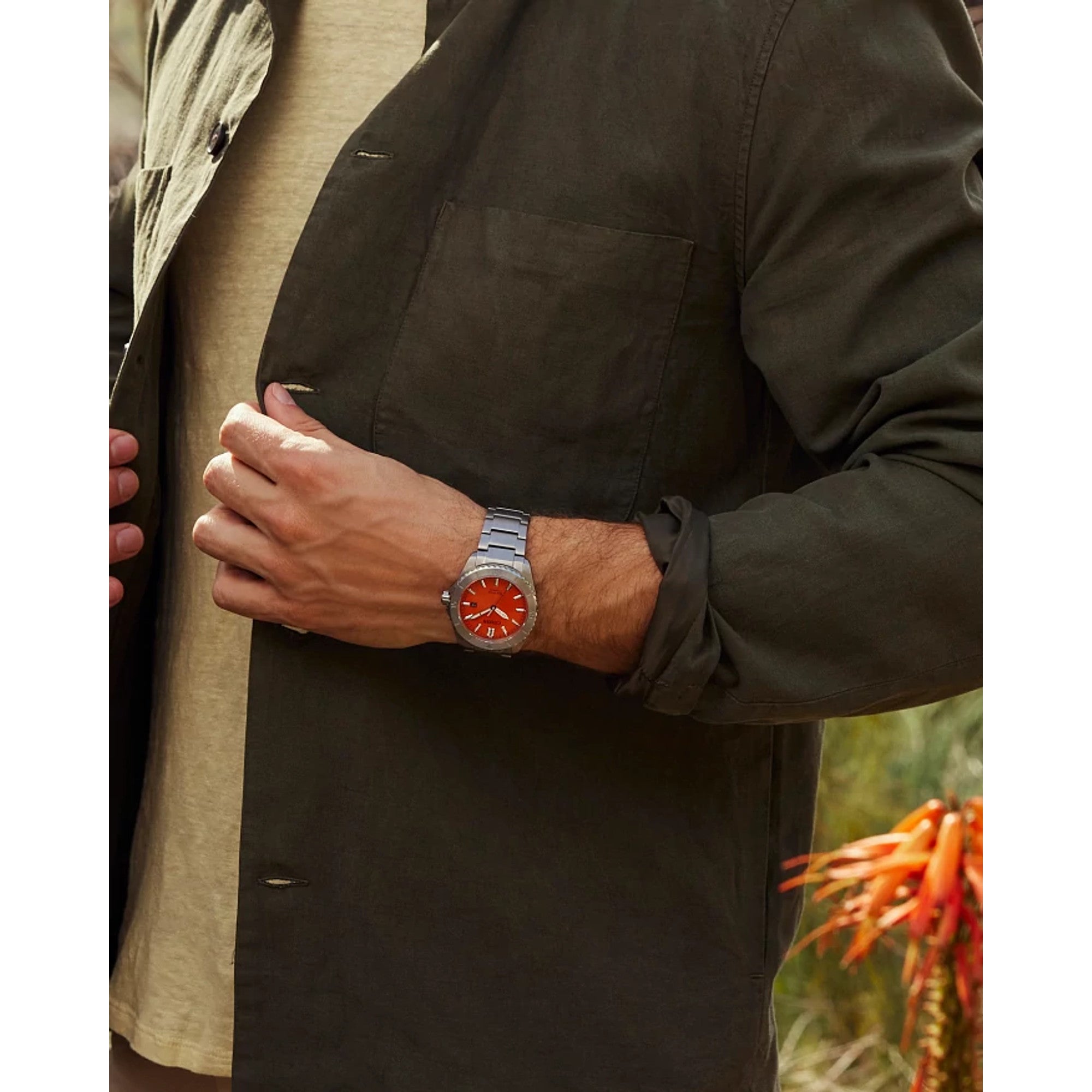 Citizen Brycen AW1840-50X watch, orange dial, lifestyle