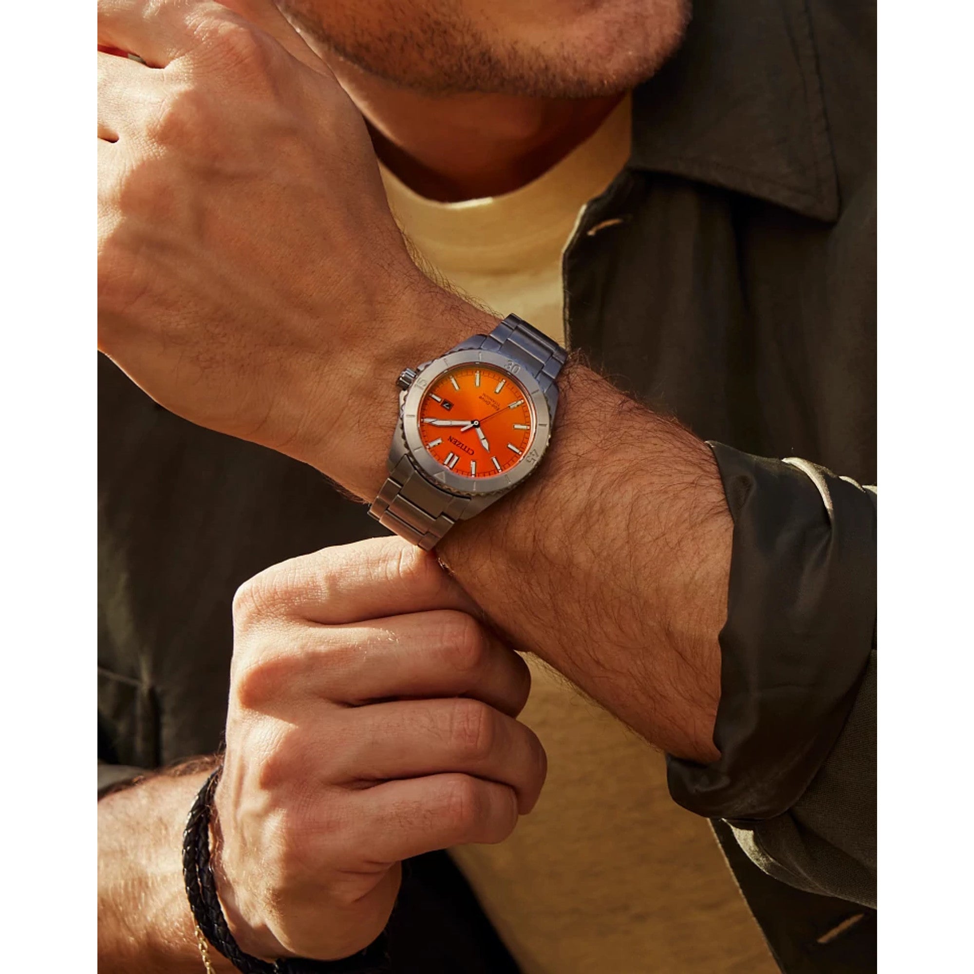 Citizen Brycen AW1840-50X watch, orange dial, lifestyle