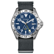 Montre Citizen Promaster Land GMT BJ7150-09L, cadran bleu, vue de face