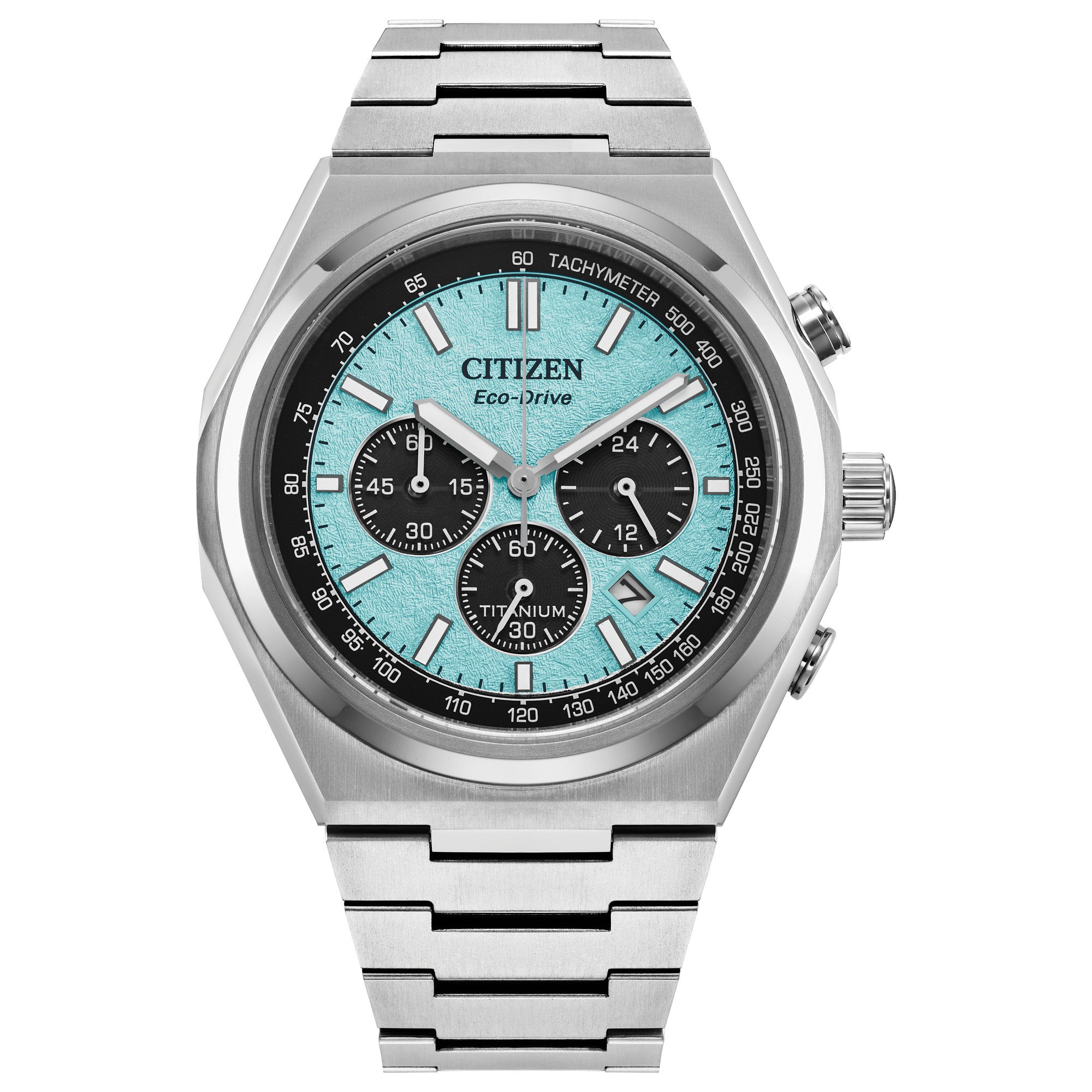 Citizen Zenshin Chrono CA4610-85M watch, turquoise dial, front view