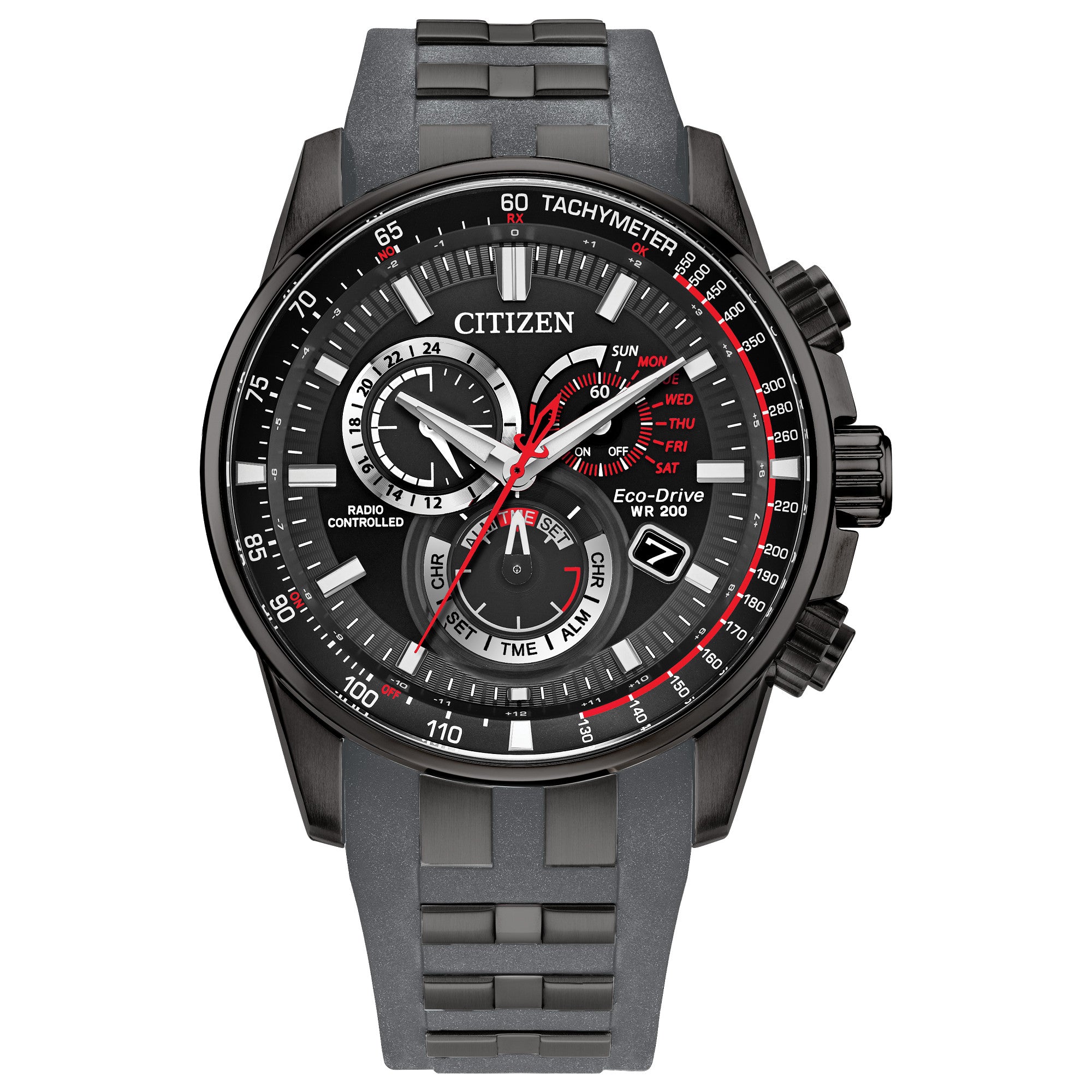 Montre Citizen Perpetual Chrono A-T CB5977-03E, cadran noir, vue de face