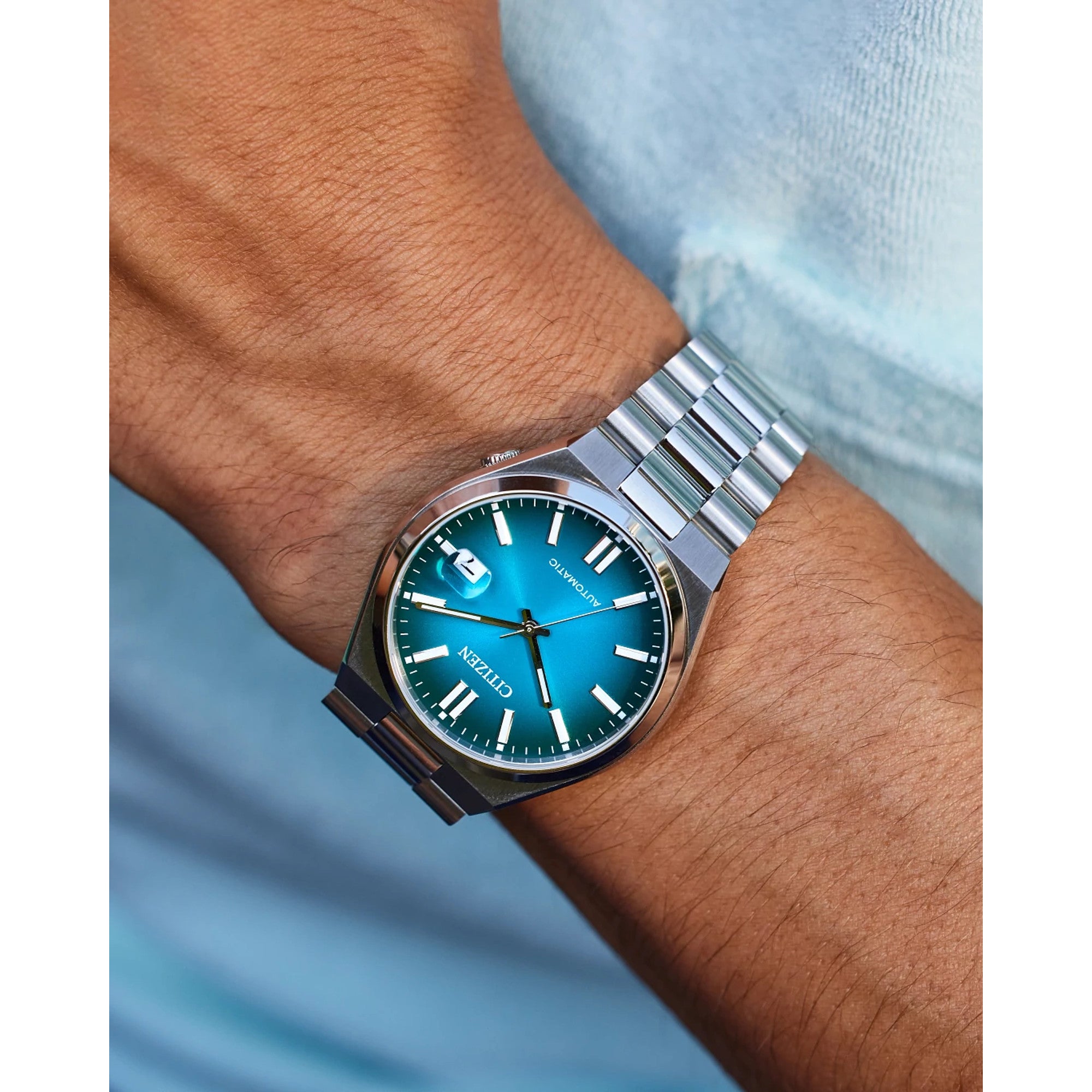 Citizen Tsuyosa NJ0151-53X watch, turquoise dial, lifestyle