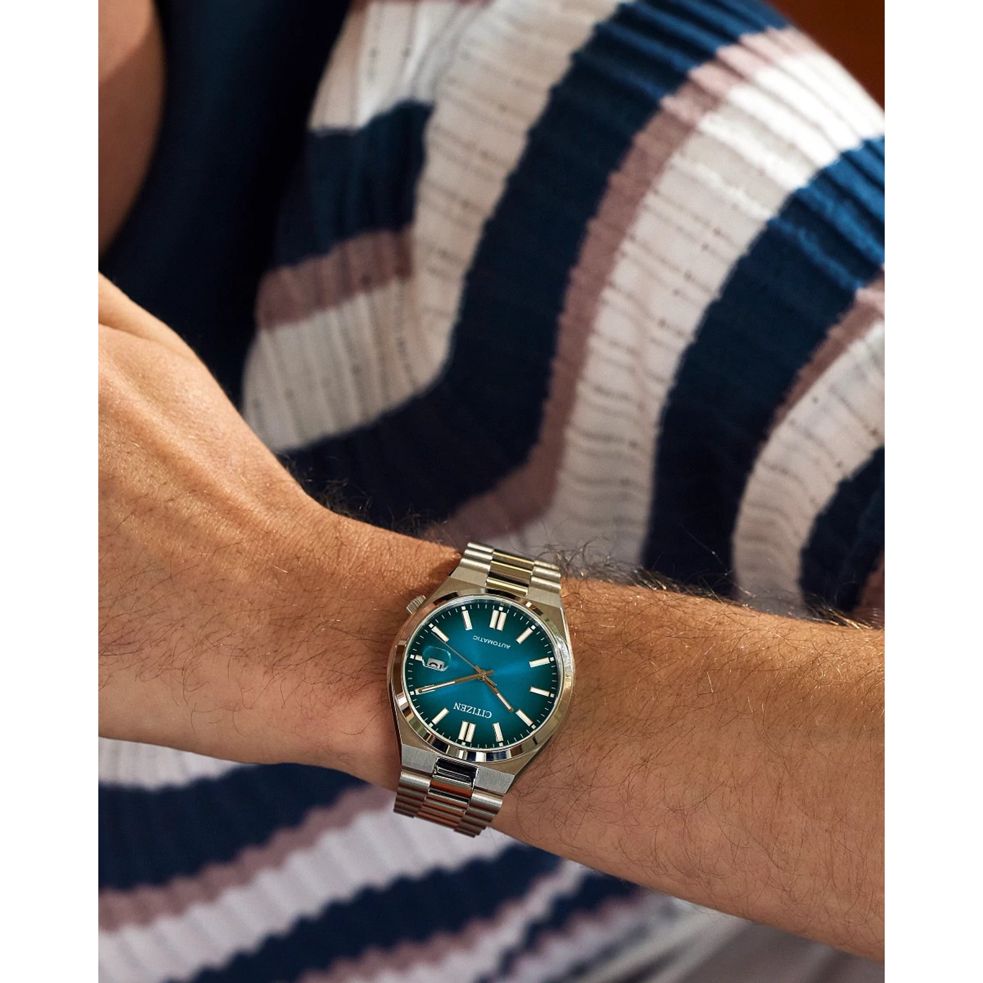 Citizen Tsuyosa NJ0151-53X watch, turquoise dial, lifestyle