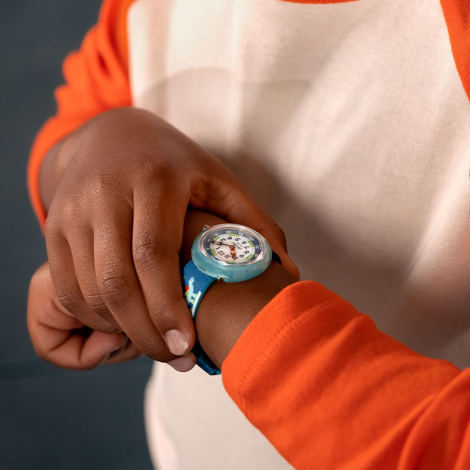 flikflak Living History ZFBNP229 watch, blue dial, on the wrist
