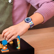 flikflak Tutan-Time ZFPNP156 watch, purple dial, on the wrist