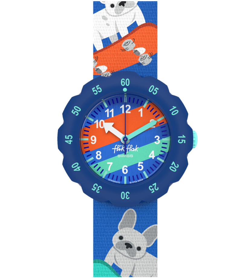 flikflak Skating Frenchie ZFPSP075 watch, blue dial, front view
