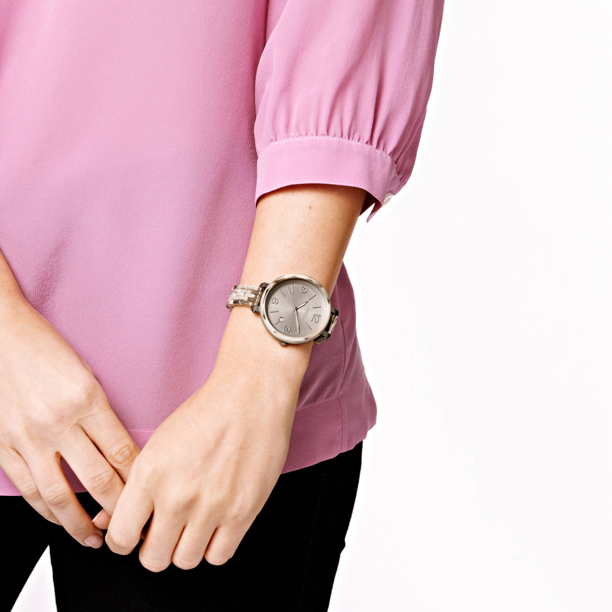Fossil Heather JR1405 watch, grey dial, on the wrist