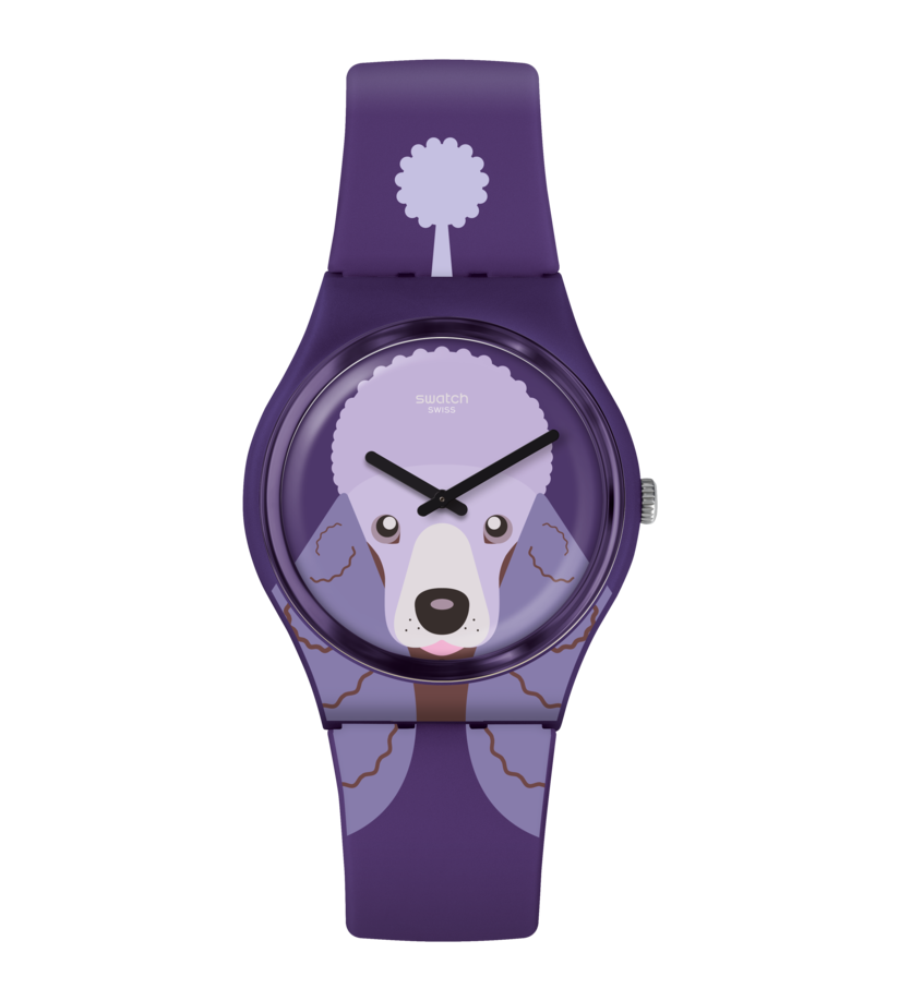 Montre Swatch Purple Poodle GV133, cadran violet, vue de face