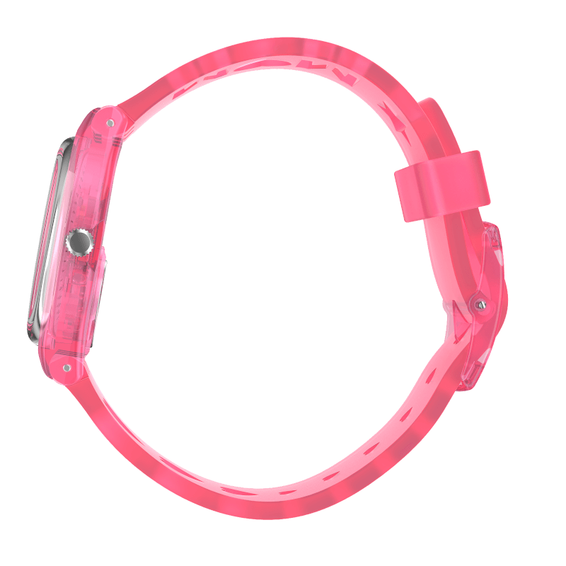 Montre Swatch Love With All the Alphabet GZ354, cadran rose, vue de profil