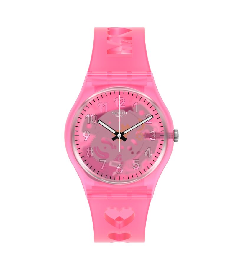 Montre Swatch Love With All the Alphabet GZ354, cadran rose, vue de face