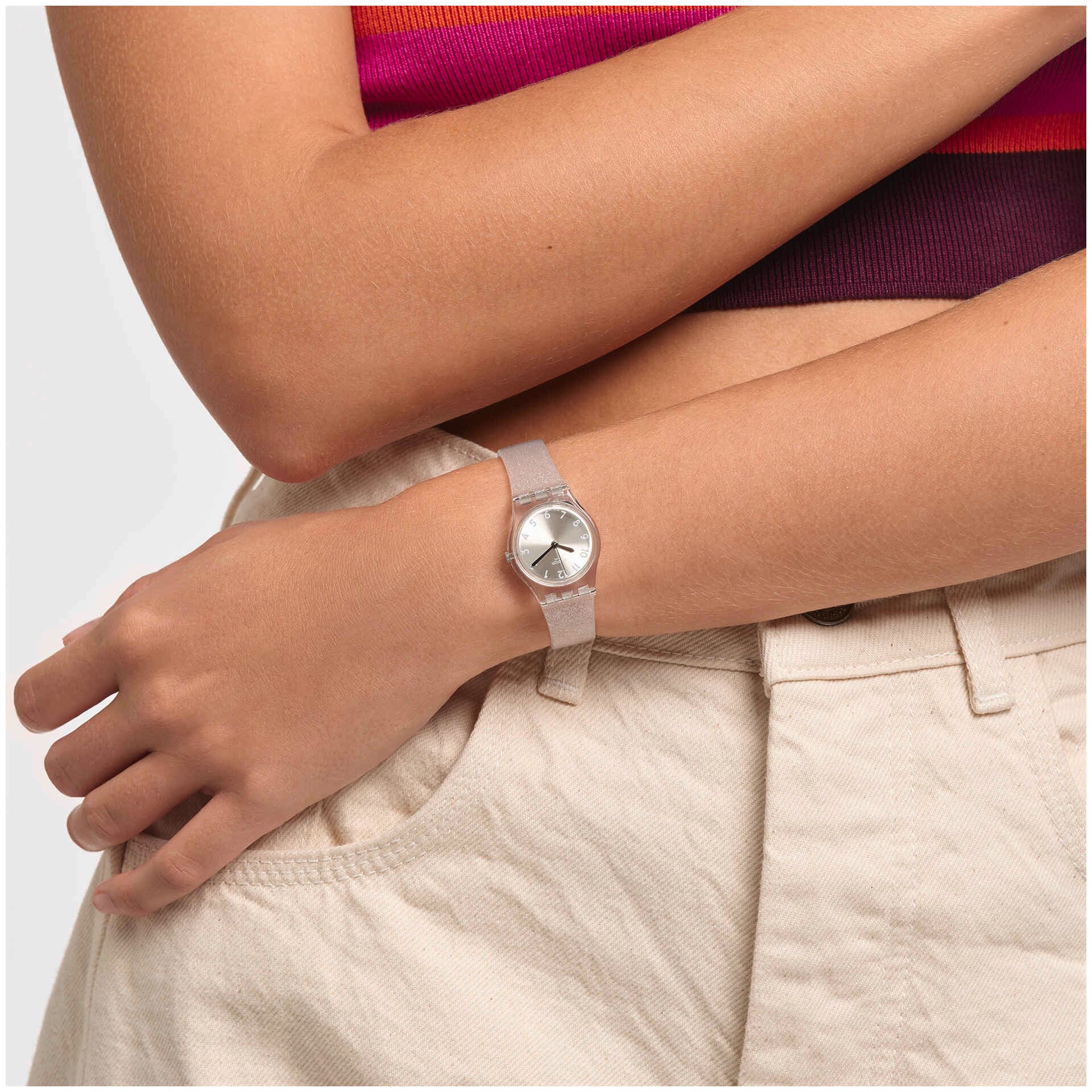 Swatch Silver Glistar Too LK343E watch, grey dial, on the wrist