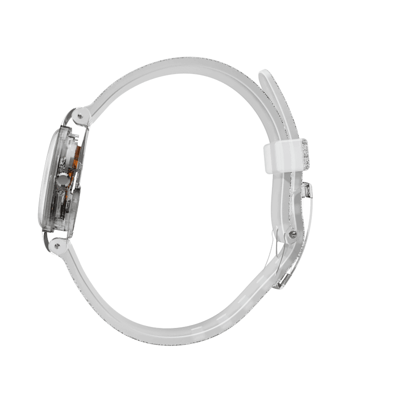Swatch Silver Glistar Too LK343E watch, grey dial, side profile