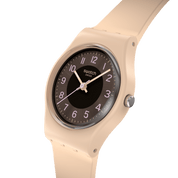 Swatch Espresso Charm LT104 watch, brown dial, side profile