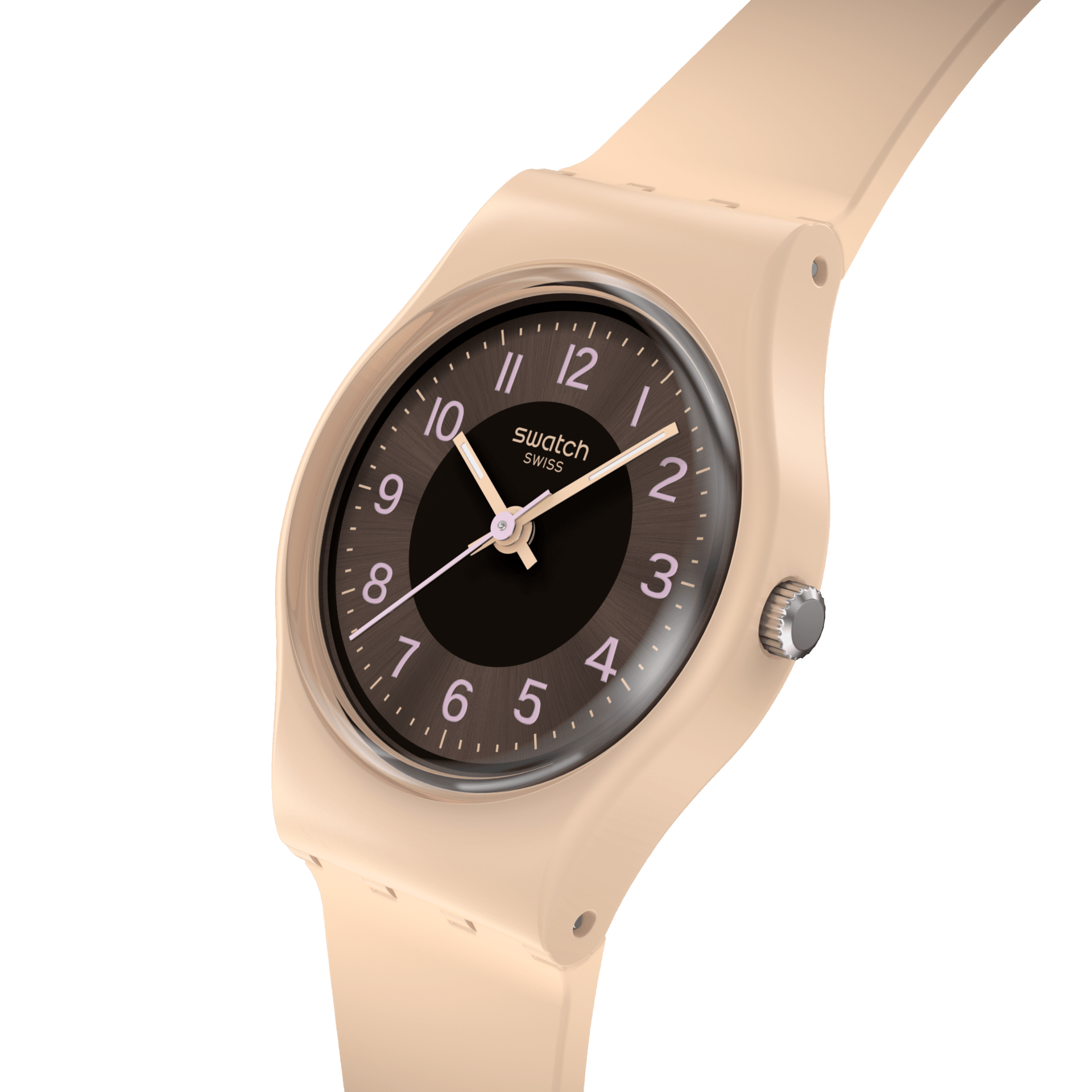 Swatch Espresso Charm LT104 watch, brown dial, side profile