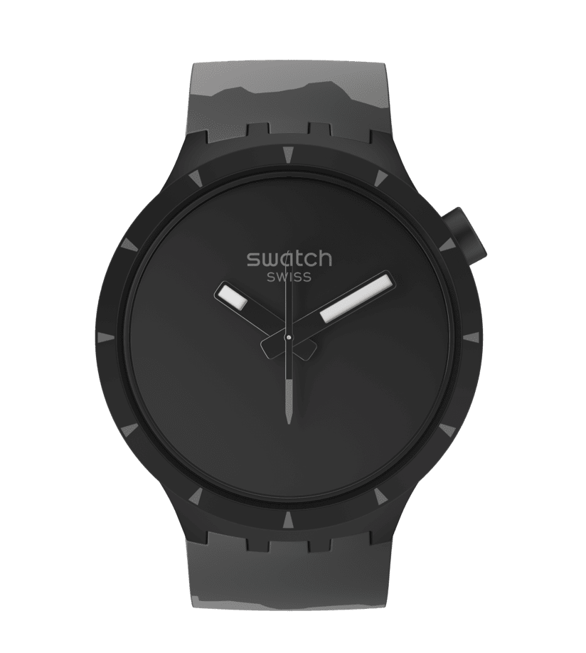 Montre Swatch Big Bold Bioceramic Basalt SB03B110, cadran noir, vue de face
