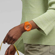 Swatch Big Bold Orange Joy SB05O103 watch, orange dial, on the wrist