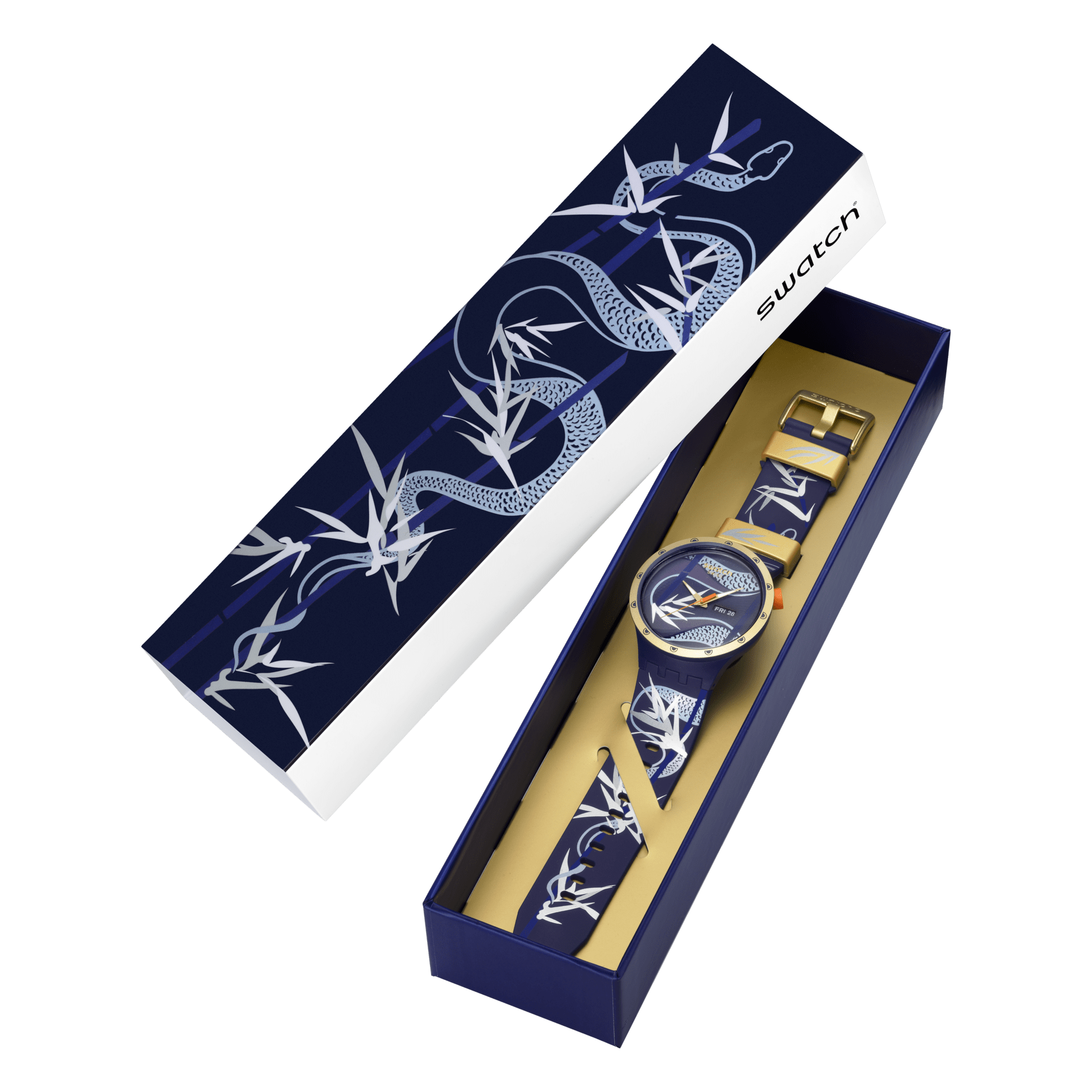 Swatch Big Bold Blue and Golden Lithe Dancer SB05Z700 watch, in its box