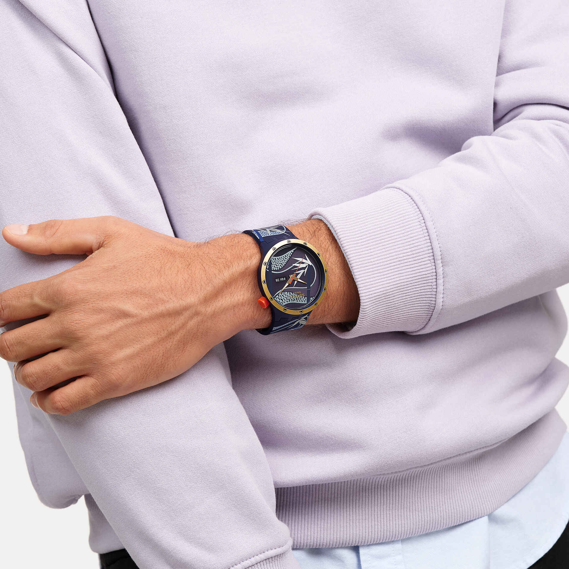 Swatch Big Bold Blue and Golden Lithe Dancer SB05Z700 watch, blue dial, on the wrist