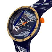 Swatch Big Bold Blue and Golden Lithe Dancer SB05Z700 watch, blue dial, side profile
