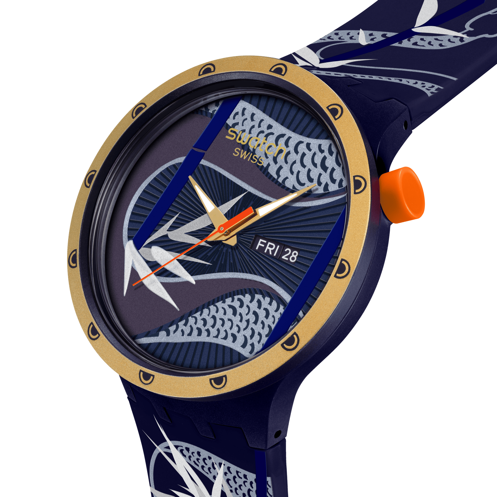 Swatch Big Bold Blue and Golden Lithe Dancer SB05Z700 watch, blue dial, side profile