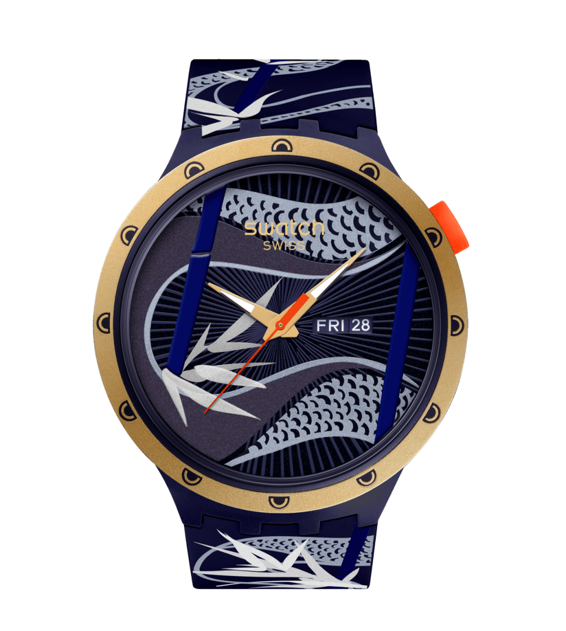 Swatch Big Bold Blue and Golden Lithe Dancer SB05Z700 watch, blue dial, front view