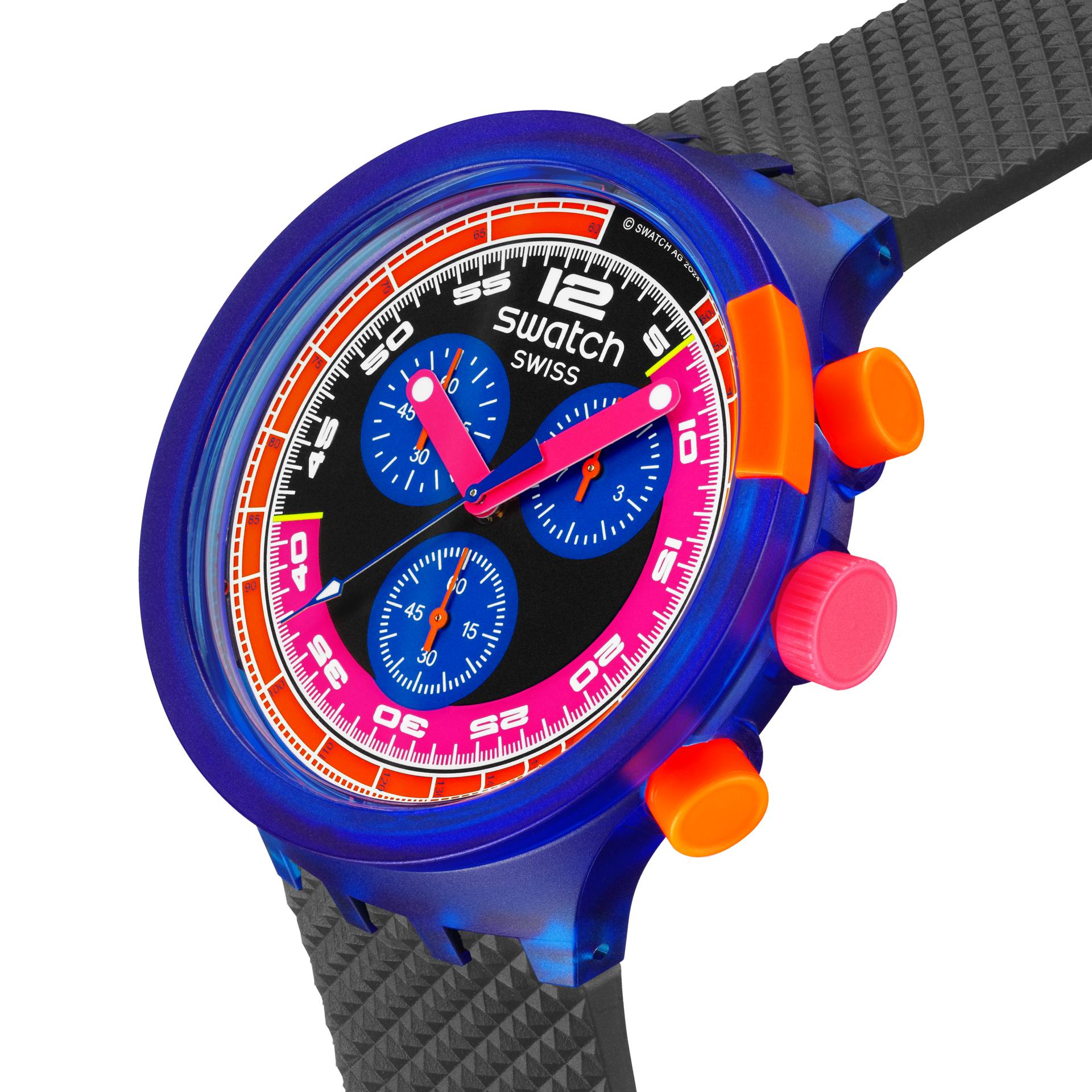 Montre Swatch Big Bold Neon Party to the Max SB06N102, cadran noir, vue de profil