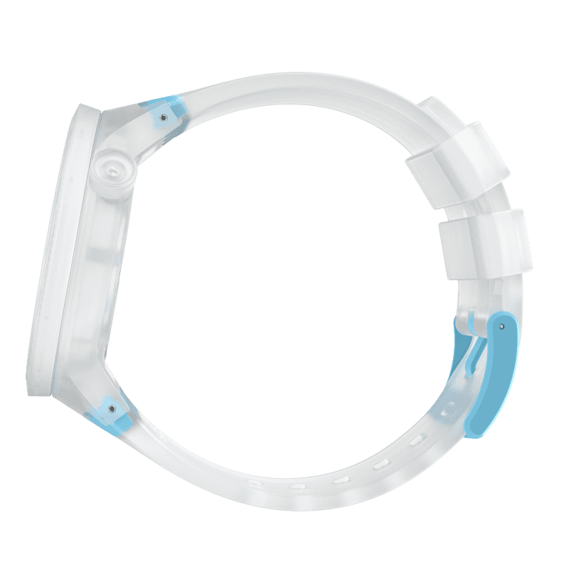 Montre Swatch Blueinjelly SO27E105, cadran transparent, vue de profil
