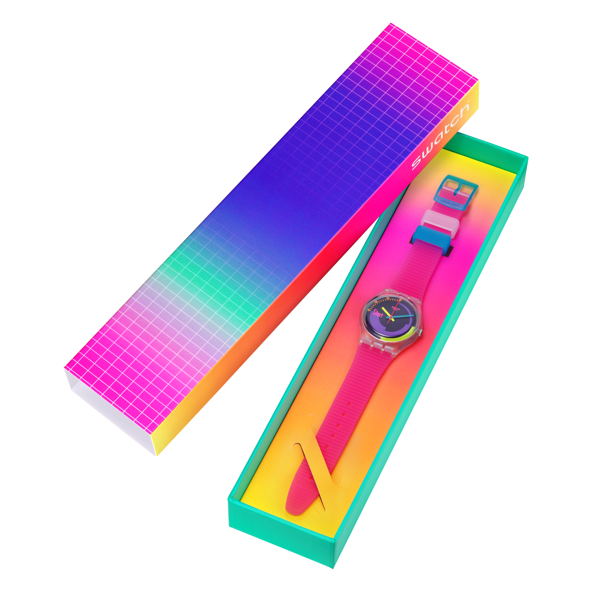 Swatch Neon Pink Podium SO28K111 watch, in its box