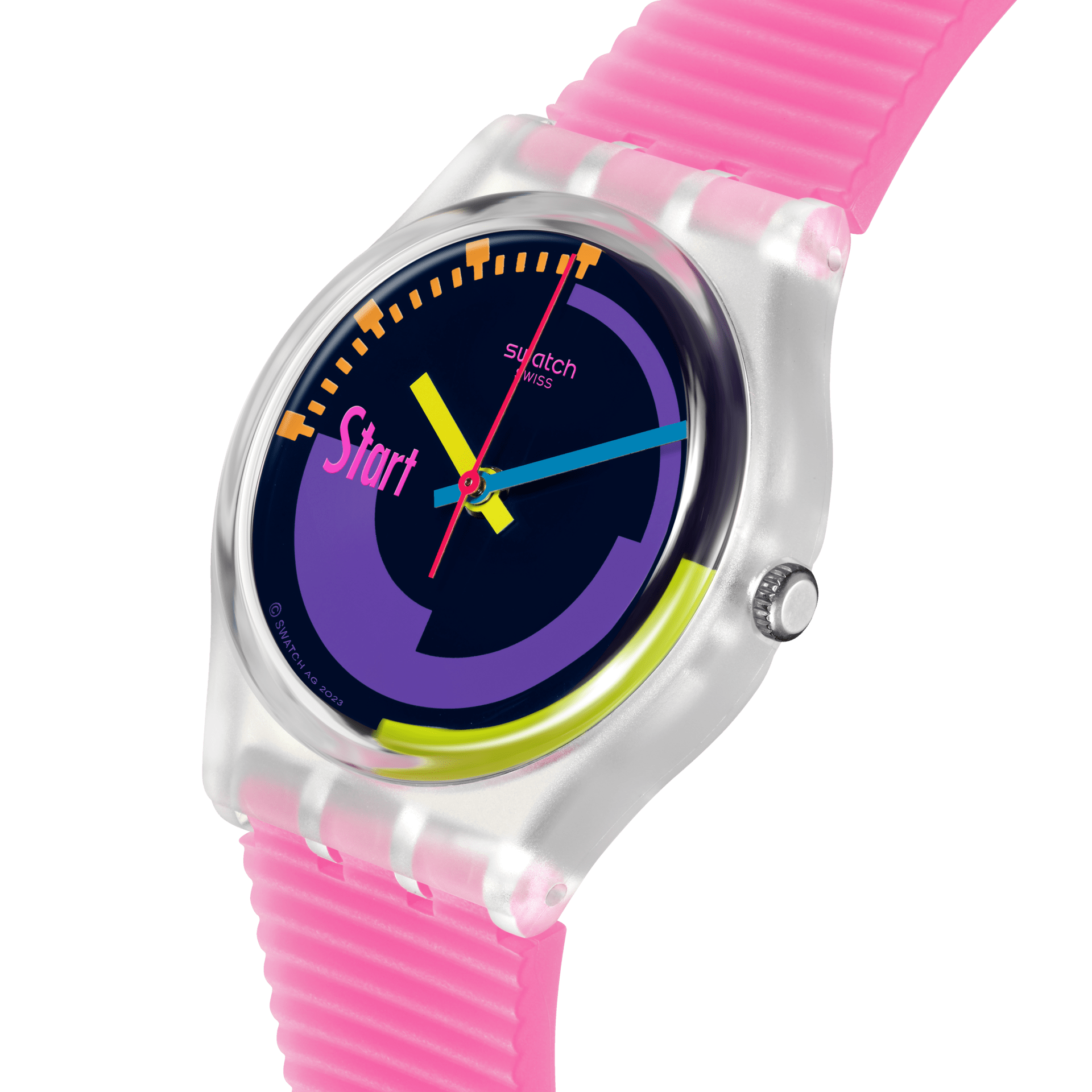 Swatch Neon Pink Podium SO28K111 watch, blue dial, side profile