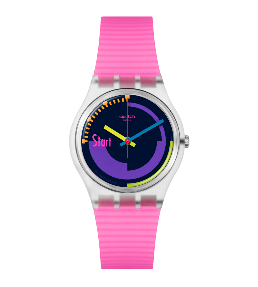 Swatch Neon Pink Podium SO28K111 watch, blue dial, front view