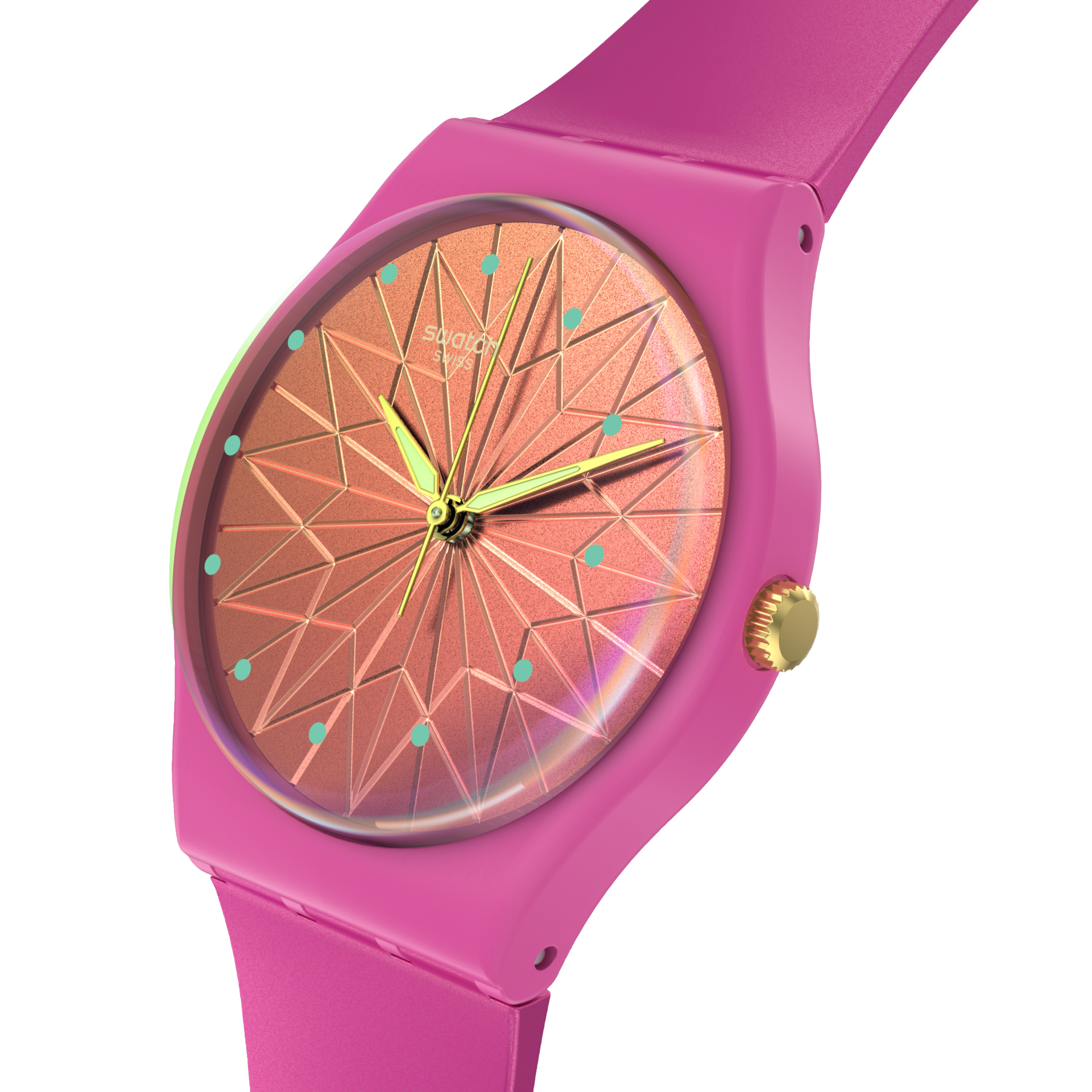 Swatch Fantastic Fuchsia SO28P110 watch, pink dial, side profile