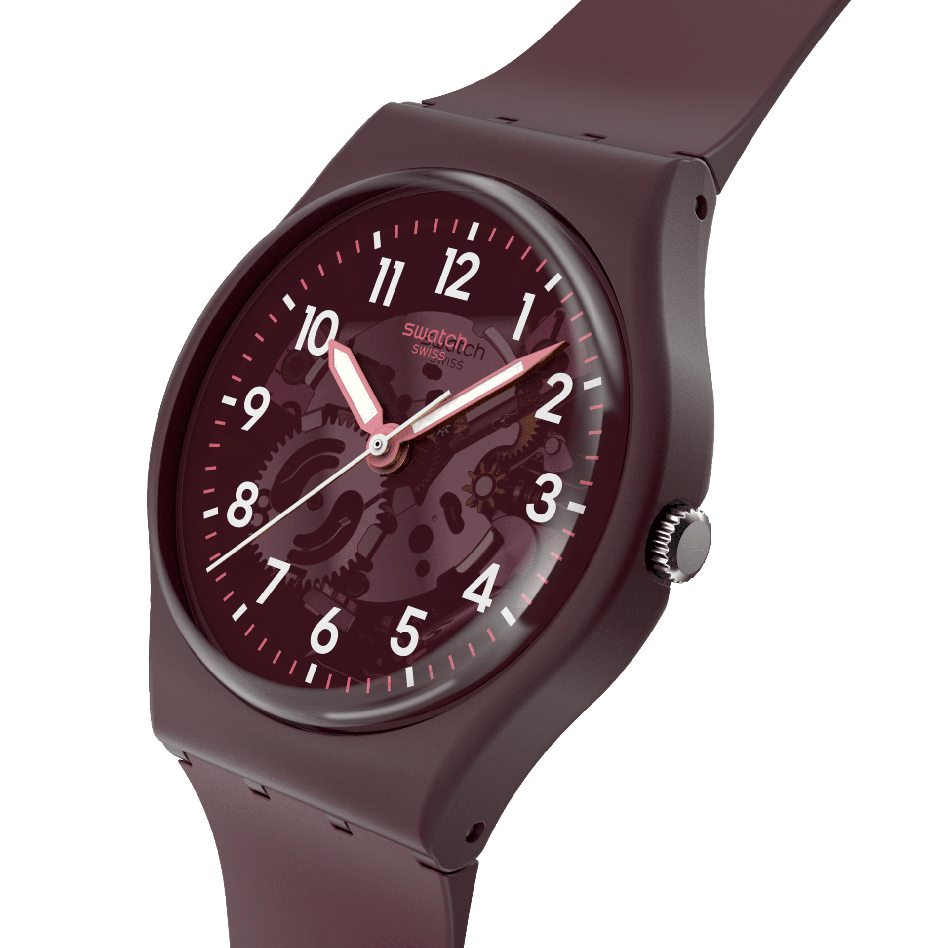 Montre Swatch Thru the Crown Glass SO28R115, cadran rouge, vue de profil