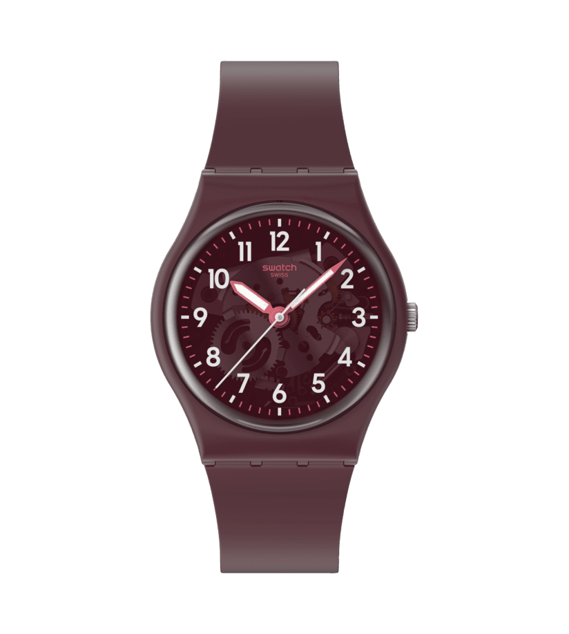 Montre Swatch Thru the Crown Glass SO28R115, cadran rouge, vue de face
