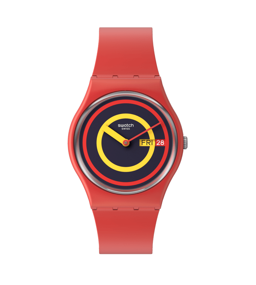 Montre Swatch Concentric Red SO28R702, cadran bleu, vue de face