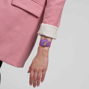 Swatch Class Act SO28Z118 watch, purple dial, on the wrist