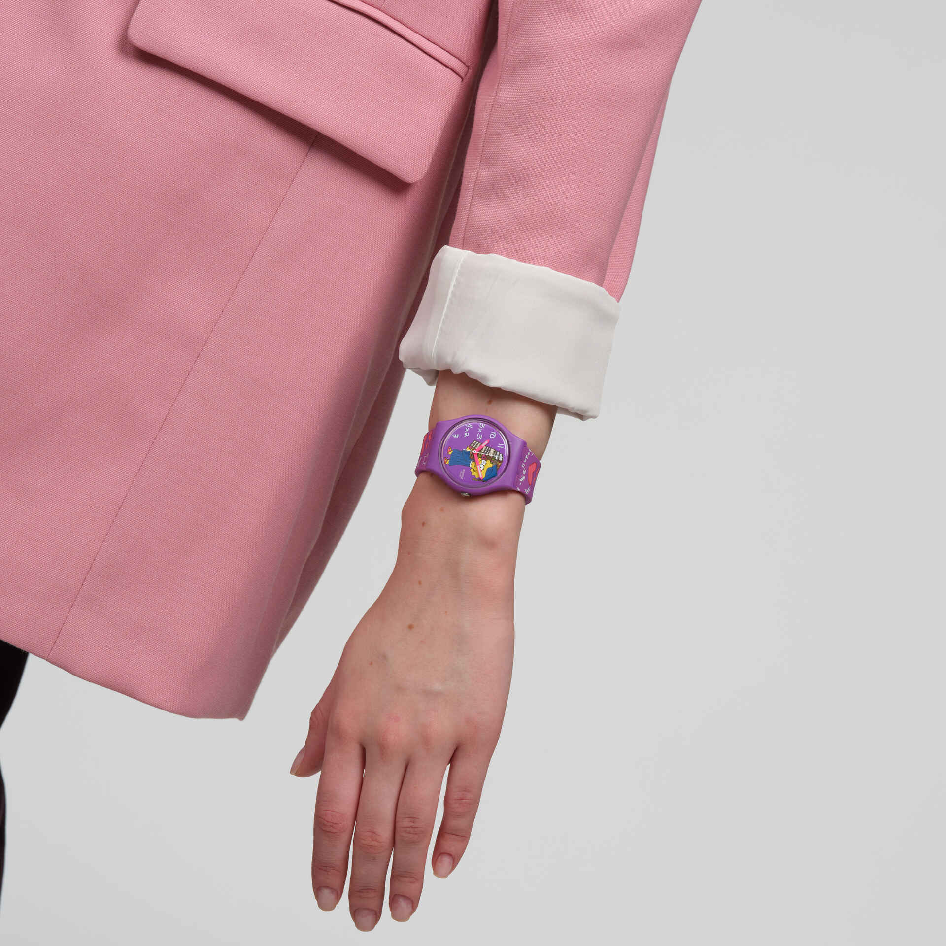Swatch Class Act SO28Z118 watch, purple dial, on the wrist