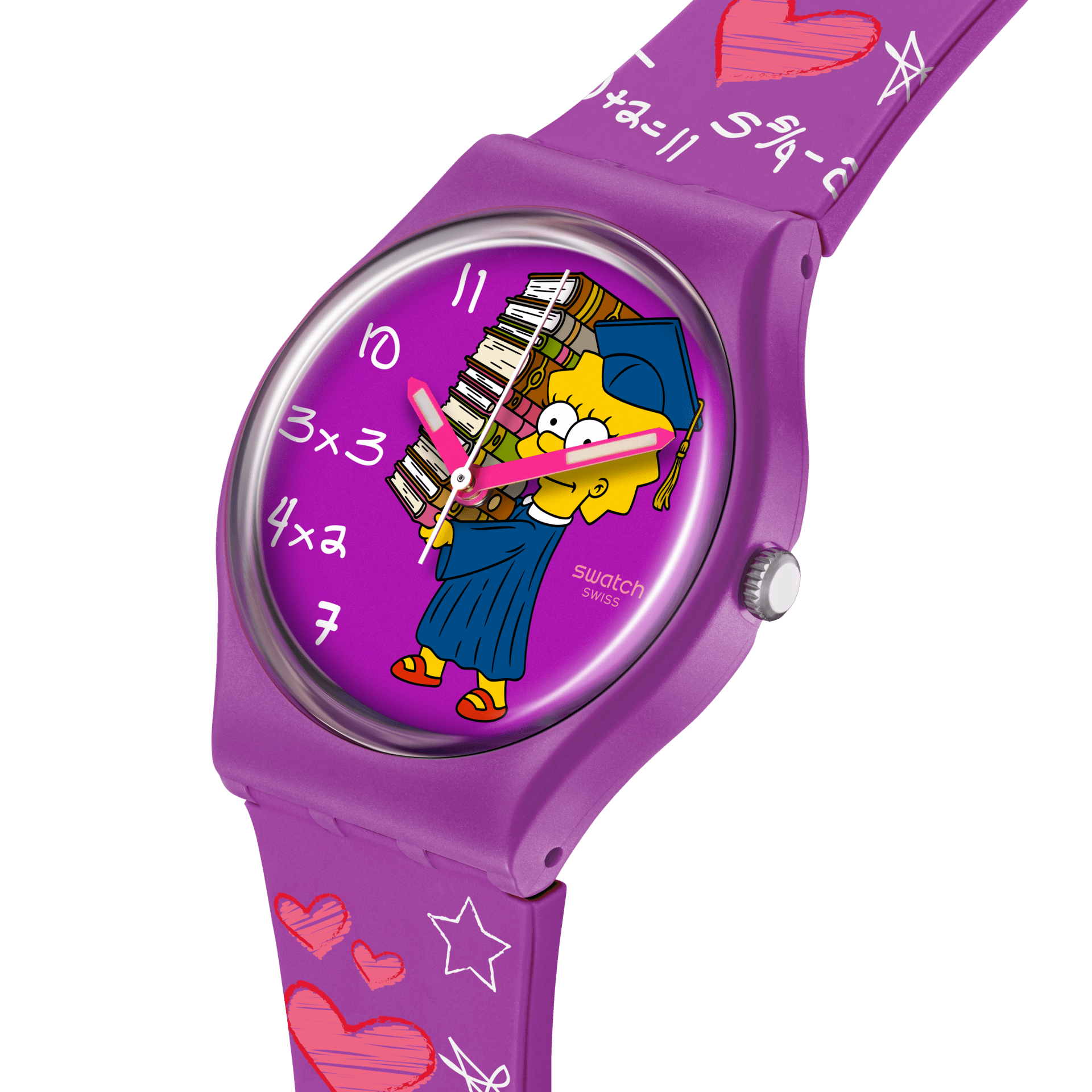 Swatch Class Act SO28Z118 watch, purple dial, side profile