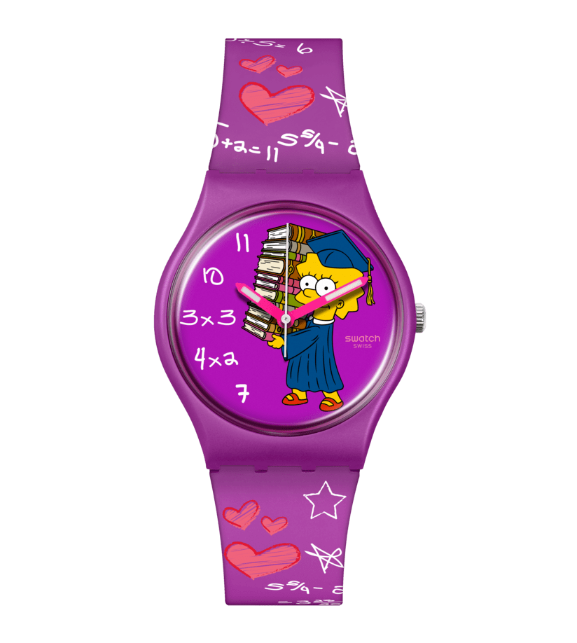 Swatch Class Act SO28Z118 watch, purple dial, front view