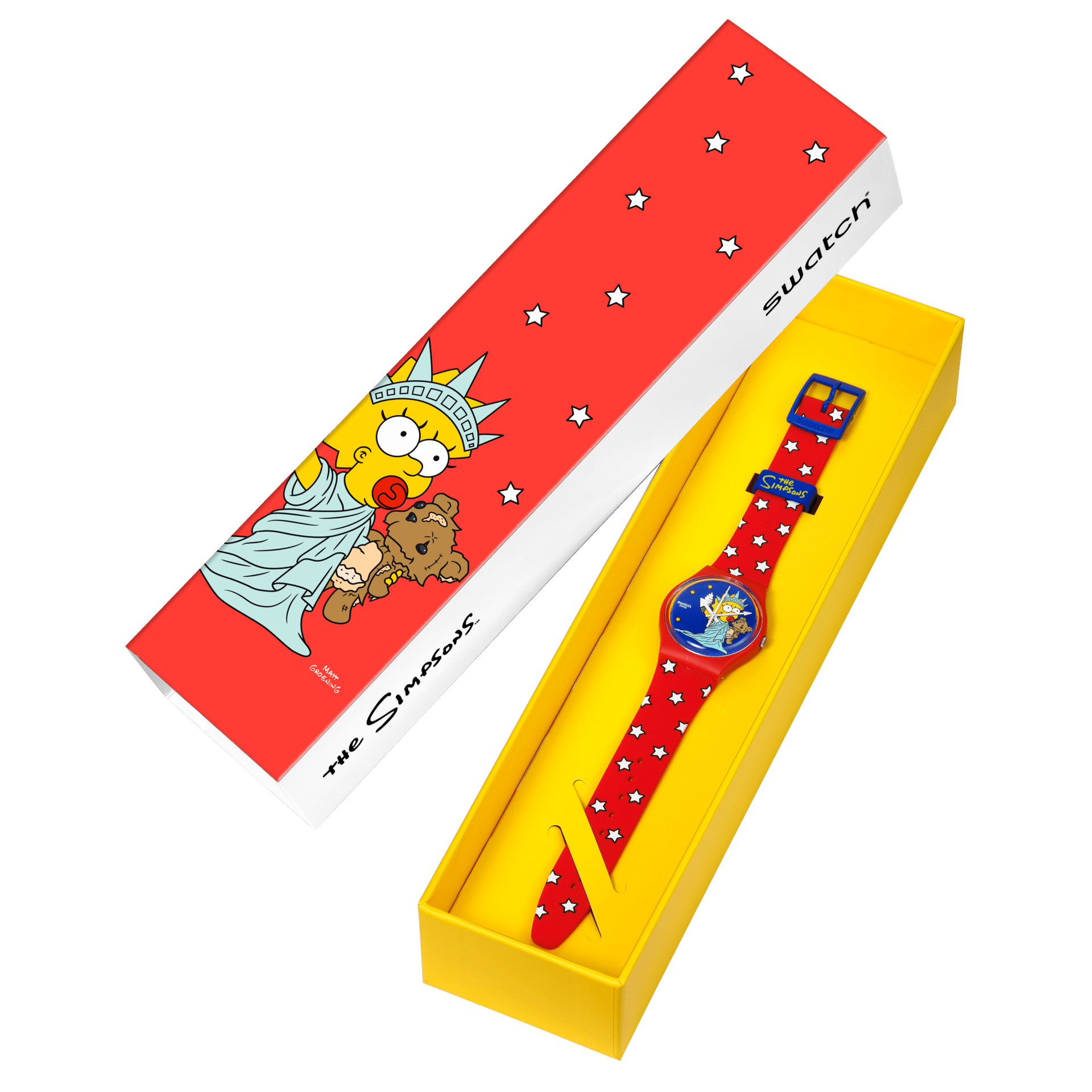 Swatch Little Lady Liberty SO28Z120 watch, in its box