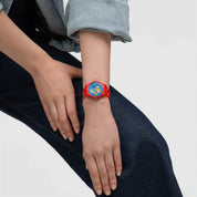Swatch Little Lady Liberty SO28Z120 watch, blue dial, on the wrist